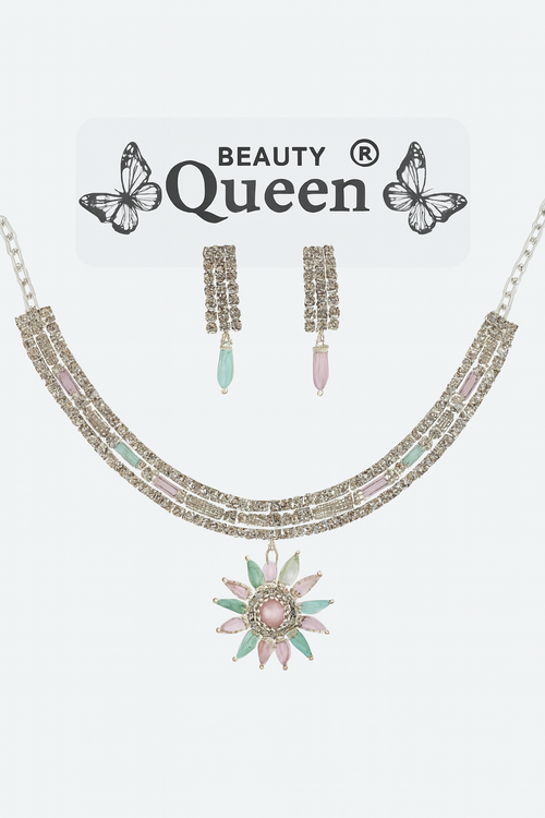 Pastel Jewelry Set – Pink Green Necklace & Earrings with Floral