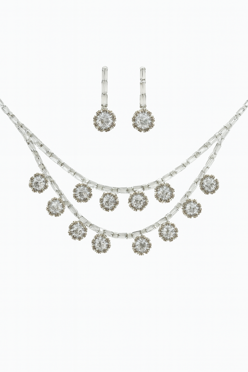 Diamond-Style Jewelry Set – White Gold Necklace & Earrings for Women